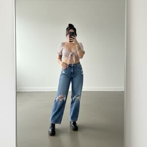 Fashion Nova Distressed Straight Leg Relaxed Fit Blue Denim Jeans 100% Cotton